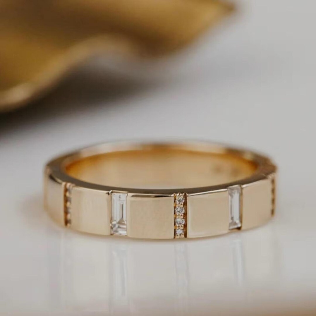 Baguette & Round Moissanite Cut Diamond Channel Wedding Band, Yellow ...