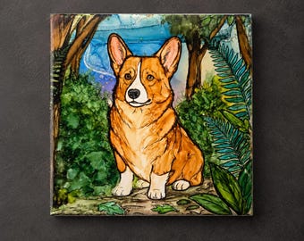 Handgemalte Corgis Keramik Kunstfliese | Lebendige Alkohol Tinte Haustier Porträt