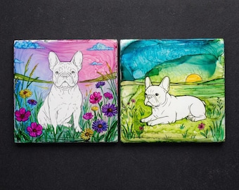手描きフレンチブルドッグコースター｜アルコールインク使用セラミックタイルアート（2枚セット）