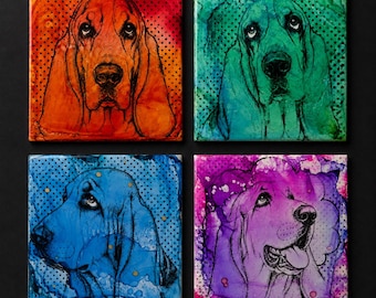 Set of 4 Basset Hound Ceramic Tiles, Hand-Painted Alcohol Ink Dog Art, Colorful Pop Art Animal Decor, Glossy Resin Coasters, Dog Lovers