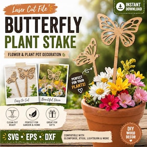 May include: Wooden butterfly plant stakes, perfect for garden and home decor. The image shows a terracotta pot filled with colorful flowers, with a butterfly stake inserted. The text on the image says "Butterfly Plant Stake" and "Flower & Plant Pot Decoration".