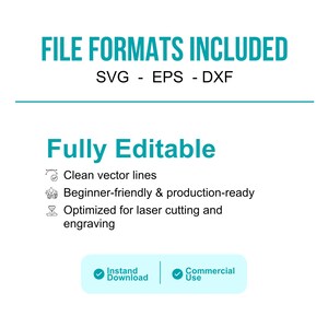 May include: White graphic with teal text: "FILE FORMATS INCLUDED" (SVG, EPS, DXF). Below, "Fully Editable" with bullet points: clean vector lines, beginner-friendly, optimized for laser cutting. Includes "Instant Download" and "Commercial Use" icons.
