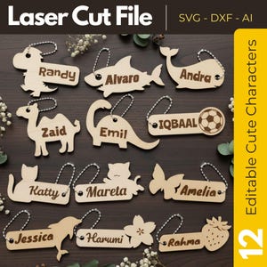 Puede incluir: Conjunto de etiquetas de nombre de madera cortadas con láser en varias formas, incluyendo animales y una flor. Cada etiqueta tiene un nombre y una cadena de metal. La imagen incluye el texto "Laser Cut File" y "Editable Cute Characters".