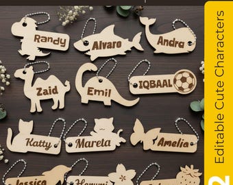 File per taglio laser di targhetta personalizzata con nome per bambini – Portachiavi con animale in formato SVG (download digitale)