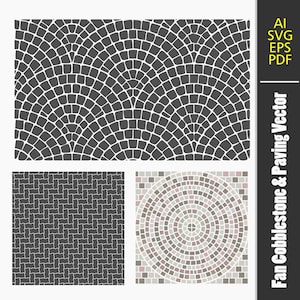 Puede incluir: Un gráfico vectorial digital con tres patrones de adoquines diferentes. El patrón superior es un diseño en forma de abanico en gris oscuro y blanco. Los otros dos patrones son una cuadrícula rectangular y un patrón circular. El texto a la derecha dice "Fan Cobblestone & Paving Vector."
