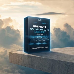 May include: A product box for a premium sound effects library, with the text "Premium Sound Effects Library (512+ SFX)" and "Drag & Drop Compatible". The box is black with blue accents, set against a cloudy sky background.