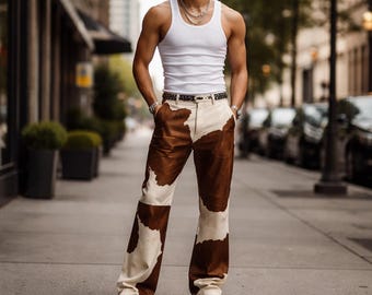 Handmade Cowhide Leather Pants, Brown & White Western Jeans