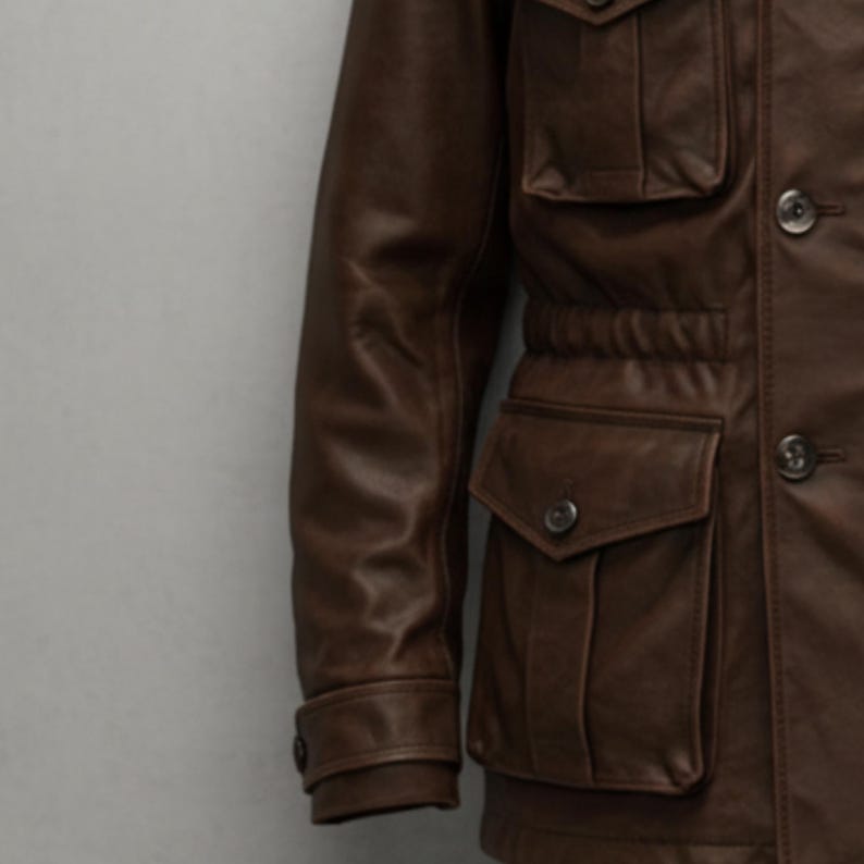 Pu&ograve; includere: Giacca in pelle marrone con pi&ugrave; tasche e chiusure con bottoni. La giacca ha un design classico con una vestibilit&agrave; su misura, con un colletto strutturato e una vita stretta. La pelle sembra liscia e ha un tono ricco e caldo.