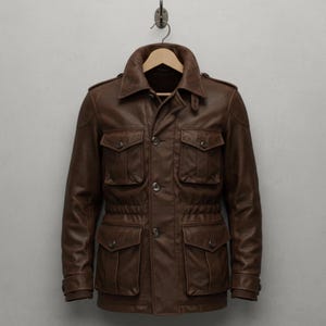 Handmade Brown Leather Jacket – Vintage Style Field Safari Coat immagine 2