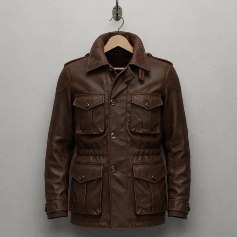 Handmade Brown Leather Jacket – Vintage Style Field Safari Coat immagine 2
