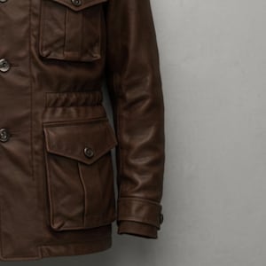 Handmade Brown Leather Jacket – Vintage Style Field Safari Coat immagine 7