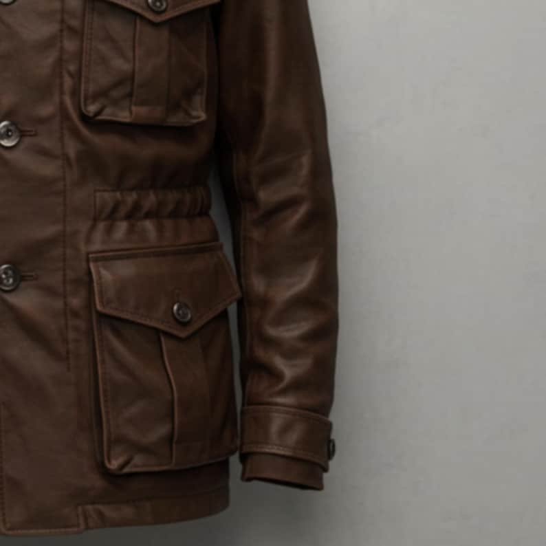 Handmade Brown Leather Jacket – Vintage Style Field Safari Coat immagine 7
