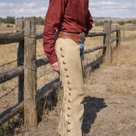 Handmade Buckskin Suede Leather Chaps – Western Rodeo Mountain Style Beige