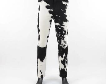 Cowhide Leather Pants – Handmade Black & White Hair-On Hide Western Cowboy