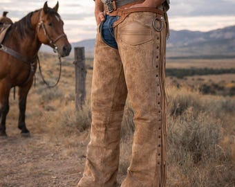 Handmade Buckskin Suede Leather Cowboy Chaps – Western Mountain Men Riding Pants