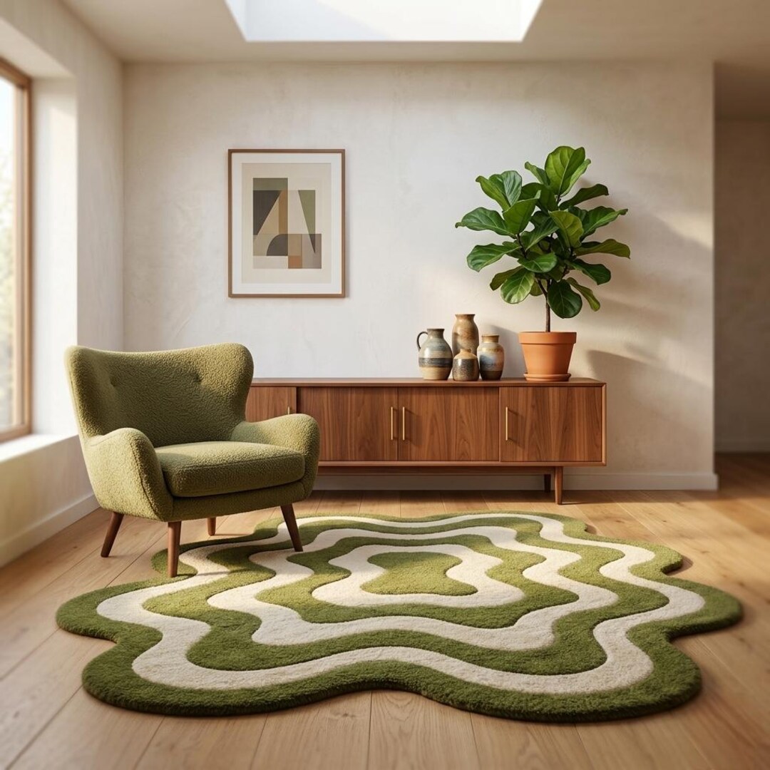 Organic Pattern Rugs Hand Tufted Organic Shape Green Area Rug, Wavy Minimalist Carpet - Etsy