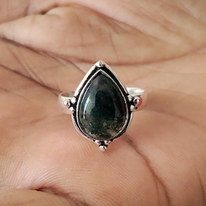 Natural Moss Agate Pear Ring, Sterling Silver Boho Statement Jewelry