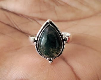 Natural Moss Agate Pear Ring, Sterling Silver Boho Statement Jewelry