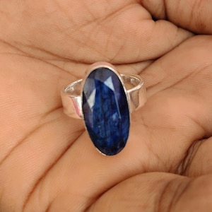Blue Sapphire Ring 925 Silver, Oval Gemstone Statement Ring, Handmade Boho Jewelry,