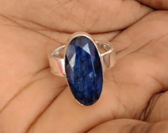 Blue Sapphire Ring 925 Silver, Oval Gemstone Statement Ring, Handmade Boho Jewelry,