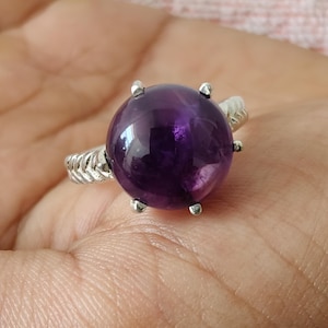 Natural Amethyst Sterling Silver Ring, Round Cabochon Statement Ring, Boho Artisan Jewelry