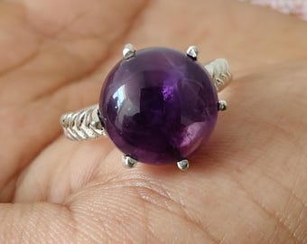Natural Amethyst Sterling Silver Ring, Round Cabochon Statement Ring, Boho Artisan Jewelry
