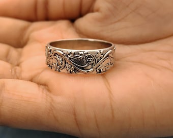 Vintage Floral Engraved Ring, Sterling Silver Ring, Antique Style Wedding Bands, Unisex Statement Rings,