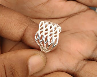Handmade Sterling Silver Openwork Ring, Leaf Pattern Statement Ring, Minimalist Wide Band Rings,