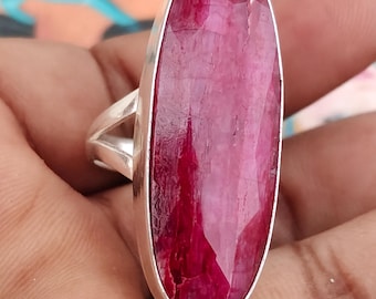 Natuurlijke ovale robijn statement ring, 925 sterling zilveren boho band, ovale rode edelsteen.