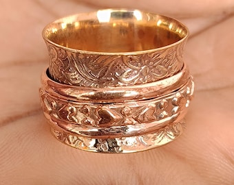 Rose Gold Spinner Ring, Floral Meditation Ring, Engraved Wide Band Rings, Boho Statement Jewelry,
