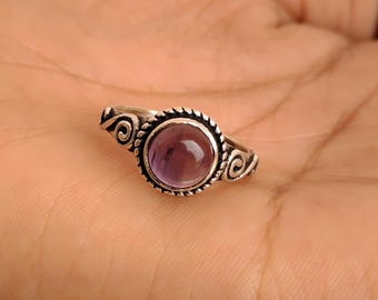 Amethyst Cabochon Ring, Sterling Silver Boho Ring, Purple Gemstone Vintage Style Statement  Handmade Jewelry
