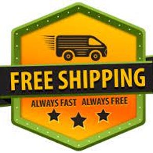 May include: A hexagonal badge with a yellow center and green border featuring a black icon of a delivery van. A black horizontal banner across the center displays the text FREE SHIPPING in yellow, with the text ALWAYS FAST ALWAYS FREE below.