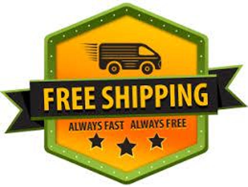 May include: A hexagonal badge with a yellow center and green border featuring a black icon of a delivery van. A black horizontal banner across the center displays the text FREE SHIPPING in yellow, with the text ALWAYS FAST ALWAYS FREE below.