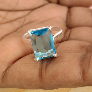 Blue Topaz Ring, Emerald Cut Stone Sterling Silver Statement Minimalist Gemstone Handmade Prong Ring,