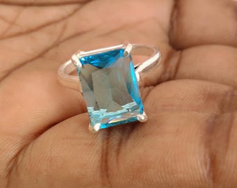 Blue Topaz Ring, Emerald Cut Stone Sterling Silver Statement Minimalist Gemstone Handmade Prong Ring,
