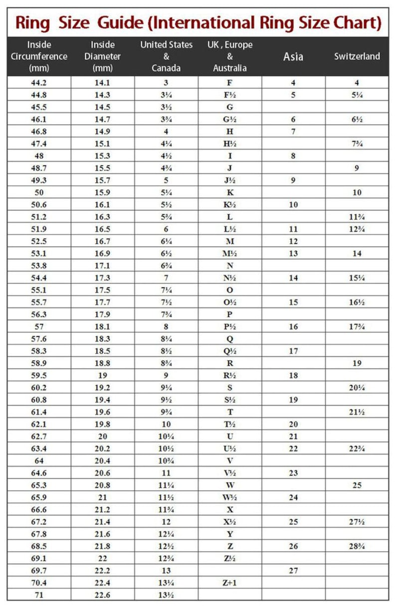 May include: Ring size guide showing international ring sizes, including UK, Europe, and Australia. Features inside circumference and diameter measurements in millimeters, with corresponding ring sizes.
