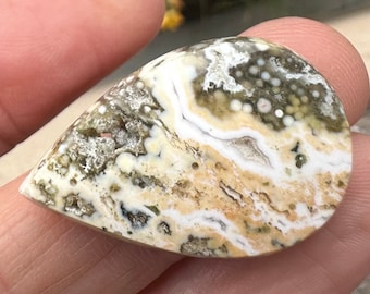 Teardrop Ocean Jasper cabochon. Druzy Pocket. Tear Drop Orbicular Jasper stones. Green, White, Yellow Cabochon. Drusy stone.