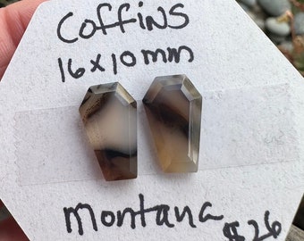 2 Coffin Shaped Cabochons. Montana Agate Coffin stone. Gemstone coffins. Faceted Cabochon. Stone pairs. Cabochon set. Matching stones.