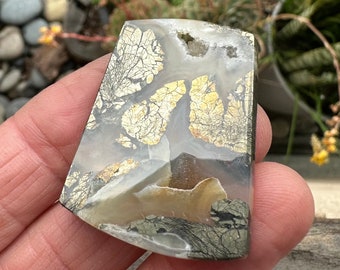 AAA Large Marcasite cabochon. Rectangle Shaped Nipomo agate. Pyrite in quartz. Fools gold. Druzy Pocket