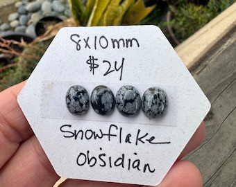 4 Snowflake Obsidian Stones. 8x10mm Oval Cabochons. Small Oval stones. Black and White cabochons. Snow flake Cabochon. Spotted cabs