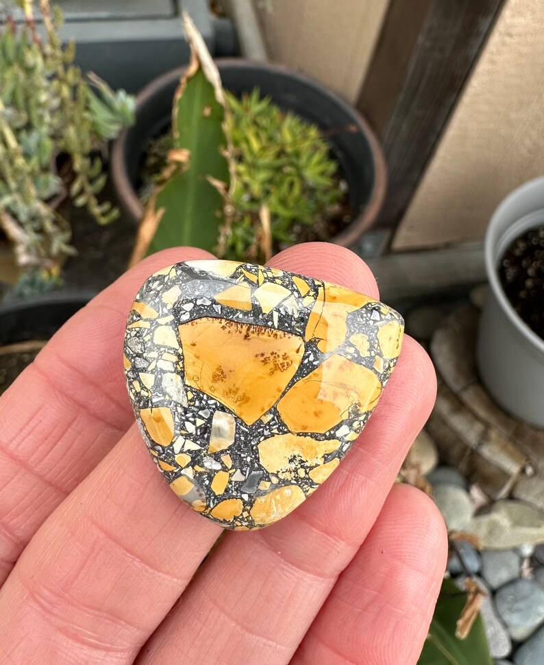 Puede incluir: Una piedra pulida, triangular, con un patr&oacute;n &uacute;nico. La piedra presenta un mosaico de colores, incluyendo tonos de amarillo, negro, gris y blanco. La piedra se sostiene en una mano, mostrando su tama&ntilde;o y forma. La est&eacute;tica general es natural y terrosa.