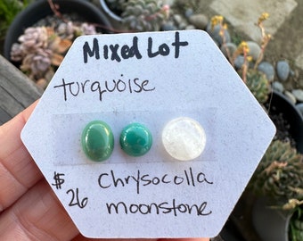 Super saver. Mixed Lot. Turquoise, Chrysocolla, Moonstone. 3 Stone Lot. Small round oval stones. Stone sets. Pair. Oval pairs. Cabochon