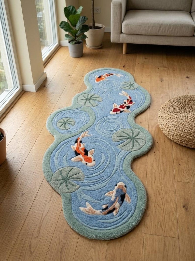 Pond Rug Design Hand Tufted Koi Fish Pond Rug | Japanese Zen | Hand-tufted Wool ...
