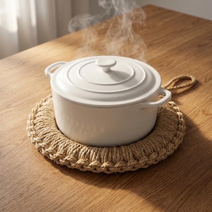 May include: A white round ceramic dutch oven with a matching lid and two side handles, resting on a circular woven natural fiber trivet. Steam rises from the top of the pot, which features a smooth finish and a central knob on the lid.