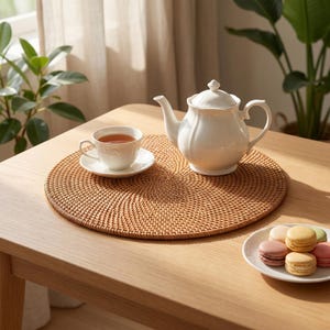 Puede incluir: Una tetera y una taza de té de porcelana blanca están sobre un salvamanteles redondo de ratán tejido. Un plato pequeño de macarons coloridos está sobre la mesa. La mesa es de madera clara.