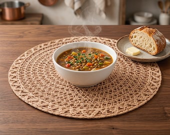 Handgeweven ronde placemats, rustiek neutraal boerderijdecor, hittebestendige antislip keukentafelmat, boho-tafelopstelling