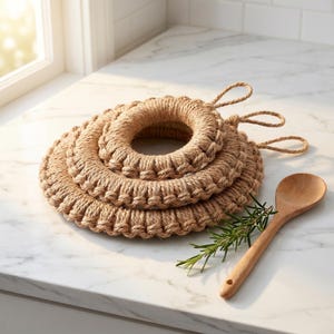 Sottopentola in paglia intrecciata per pentole calde, tovaglietta da tavola resistente al calore fatta a mano, sottopentola in rattan naturale per ghisa e casseruole, decorazione in stile rustico boho