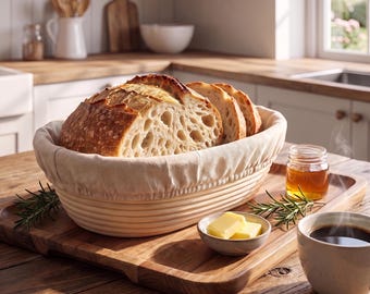 May include: An oval-shaped rattan proofing basket lined with a beige fabric cloth, filled with a sliced loaf of crusty sourdough bread. The basket sits on a wooden tray alongside a small bowl of butter, a jar of honey, and a cup of steaming coffee.
