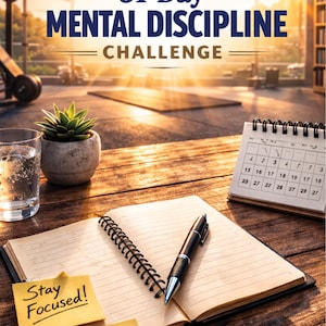 May include: A wooden desk with a notebook, pen, and calendar. The notebook is open with the text "Stay Focused!" and "No Excuses!" on sticky notes. The image also includes a glass of water and a small potted plant. The text "31-Day Mental Discipline Challenge" is visible.
