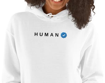 Embroidered Human Verified Hoodie, Minimal Y2K Style, Blue Check Statement